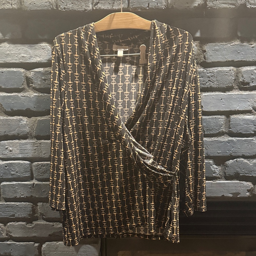 Black and Gold Patterned Wrap Top